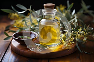 Bottle of eucalyptus essential oil and plant branches on wooden background