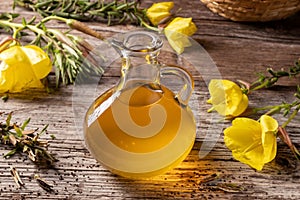 A bottle of evening primrose oil with fresh blooming evening primrose plant and seeds