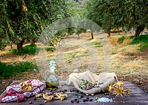 Bottle with extra virgin olive oil, olives, a fresh branch of olive tree and cretan rusk dakos close up on wooden table.