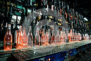 Bottle factory, row of glass bottles