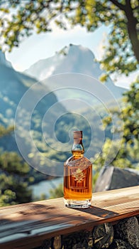 Bottle of famous old cognac Alps mountain on background