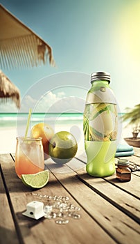 Bottle filled with cold and refreshing lemonade, glistening in the sunlight, with sliced lemons and ice cubes, perfect for a hot