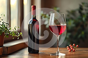 A Bottle of Fine Red Wine, Anticipating the Pour, Adorned with Nature\'s Ripe Grapes