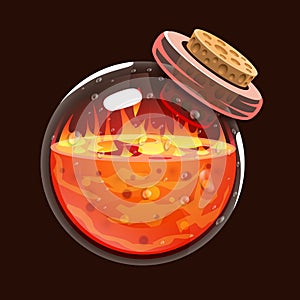 Bottle of fire. Game icon of magic elixir. Interface for rpg or match3 game. Fire, energy, lava, flame photo