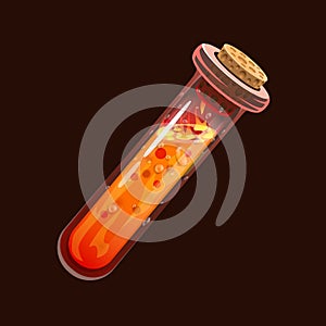 Bottle of fire. Game icon of magic elixir. Interface for rpg or match3 game. Fire, energy, lava, flame.