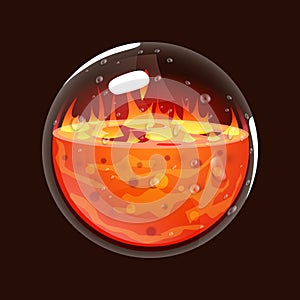 Bottle of fire. Game icon of magic orb. Interface for rpg or match3 game. Big variant. Fire, energy, lava, flame.