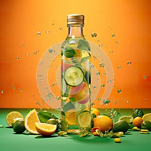 Bottle of flavors of lemon, cucumber, tomato, oranges etc for sweet taste.