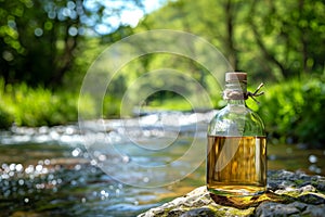 bottle in focus with blurred spring stream behind
