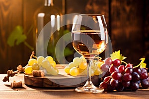bottle food grape winery beverage alcohol drink wooden glass wine background. Generative AI.
