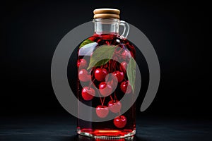 Bottle of fresh cherry juice and cheries lie on a black background isolated