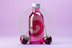 Bottle of fresh cherry juice and cheries lie on purple, lilac background