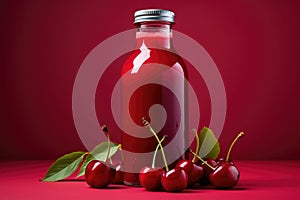 Bottle of fresh cherry juice and cheries lie on red background