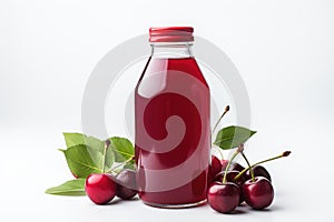 Bottle of fresh cherry juice and cheries lie on a white background isolated