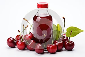 Bottle of fresh cherry juice and cheries lie on a white background isolated