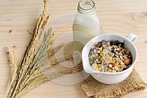 Bottle of fresh milk with Oat and whole wheat grains flake