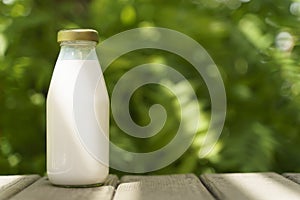 A bottle of fresh milk on a sunny summer farm meadow, grass, nature and plants. Mockup, eco food, dairy products concept