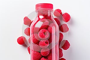 Bottle of fresh raspberry juice and berries top view white background isolated