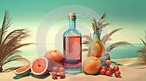 Bottle with fruit water or alcohol in the sand of the beach. Vacation scene with lemonade bottle on the shore line