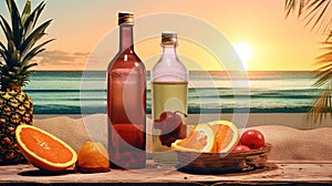 Bottle with fruit water or alcohol in the sand of the beach. Vacation scene with lemonade bottle on the shore line