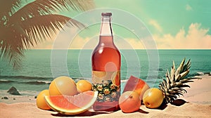 Bottle with fruit water or alcohol in the sand of the beach. Vacation scene with lemonade bottle on the shore line