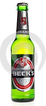 Bottle of German Becks beer on white