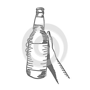 Bottle in a girl female hand. Glass bottle with a label. Sketch hand drawn. Hatched drawing picture. Gray pencil. Vector