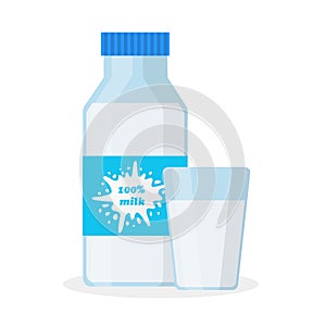 Bottle and glass of 100% milk in flat cartoon style, stock vector illustration