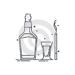 Bottle and glass of alcohol and cigarette great design for any purposes. Isolated illustration white background. Closeup shot.