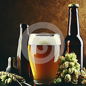 Bottle and Glass beer with Brewing ingredients. Hop flower with wheat