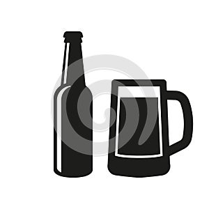 Bottle and glass of beer icon. Beer and pub, bar symbol. UI. Web. Logo. Sign. Flat design. App.Stock