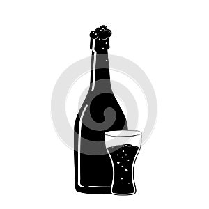 Bottle and glass of beer icon. Flat black silhouette of a Beer bottle. Iconography. Vector