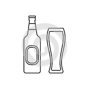 Bottle and glass of beer. Outline icons of alcohol beverage. Vector illustration