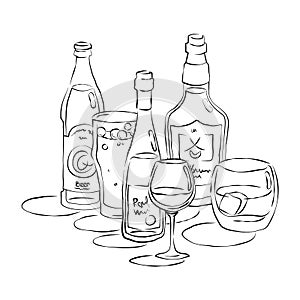 Bottle and glass beer whiskey red wine together in hand drawn style. Beverage outline icon. Restaurant illustration for