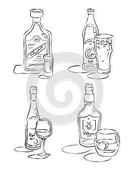 Bottle and glass beer, whiskey, rum, wine together in hand drawn style. Beverage outline icon. Restaurant illustration for