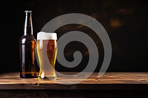 Bottle and glass of beer on a wooden table on a dark brown background