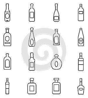 Bottle or Glass Bottle or Liquer Bottle Icons Thin Line Vector Illustration Set