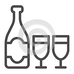 Bottle and glass of champagne line icon, Christmas and New Year concept, sparkling wine in two glasses sign on white