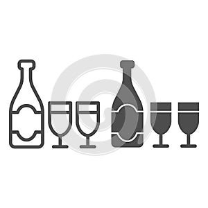 Bottle and glass of champagne line and solid icon, Christmas and New Year concept, sparkling wine in two glasses sign on