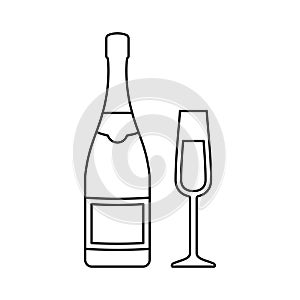Bottle and glass of champagne. Outline icons of alcohol beverage. Vector illustration