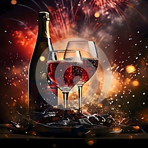 Bottle and glass of champagne, wine. Around confetti, fireworks shots and bokech effect. New Year\'s fun and festiv