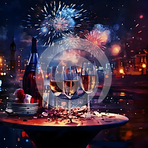 Bottle and glass of champagne, wine. Around confetti, fireworks shots and bokech effect. New Year\'s fun and festiv