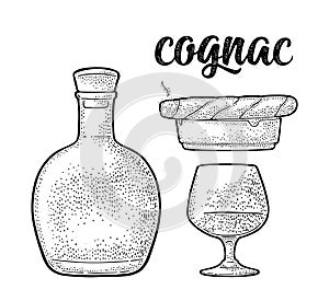 Bottle, glass, cigar and ashtray. Handwriting lettering cognac. Vintage engraving