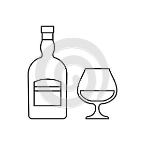 Bottle and glass of cognac. Outline icons of alcohol beverage. Vector illustration