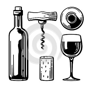 Bottle, glass, corkscrew, cork. Side and top view. Black and white vintage illustration for label, poster of wine, web, set