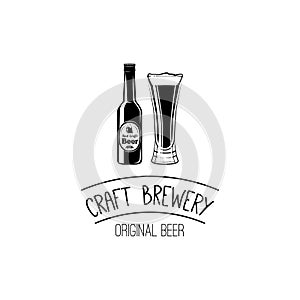 Bottle and glass of craft beer icon. pub, bar symbol. Alcohol badge and label. Vector illustration on white