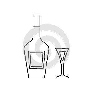 Bottle and glass of liquor. Outline icons of alcohol beverage. Vector illustration