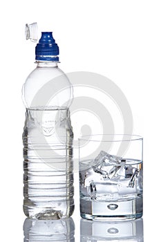 Bottle and glass of mineral water with droplets