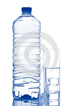 Bottle and glass of mineral water with ice cubes