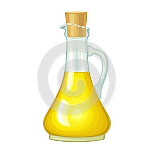 Bottle glass oil with cork stopper. Color vector realistic illustration