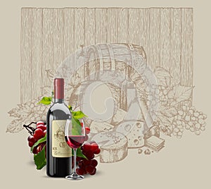 A bottle, a glass of red wine against the background of a drawing on the theme of wine. Realistic illustration